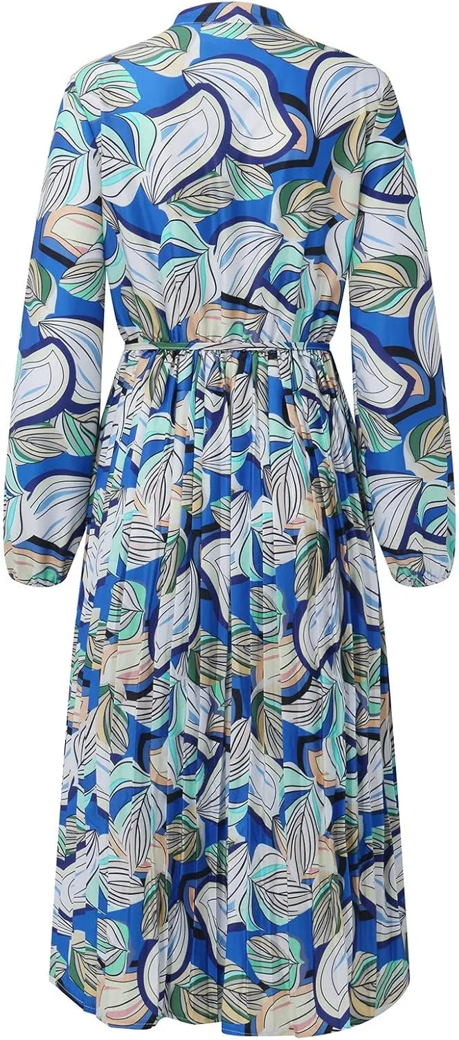 Spanish Style Dress for Women Banded Collar Pleated Midi Dress Button Up Long Sleeve with Belt