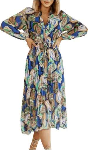 Spanish Style Dress for Women Banded Collar Pleated Midi Dress Button Up Long Sleeve with Belt
