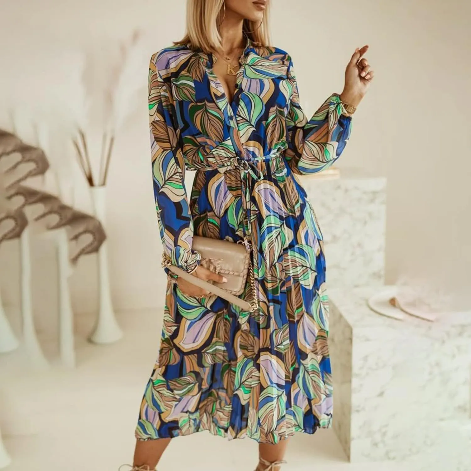 Spanish Style Dress for Women Banded Collar Pleated Midi Dress Button Up Long Sleeve with Belt
