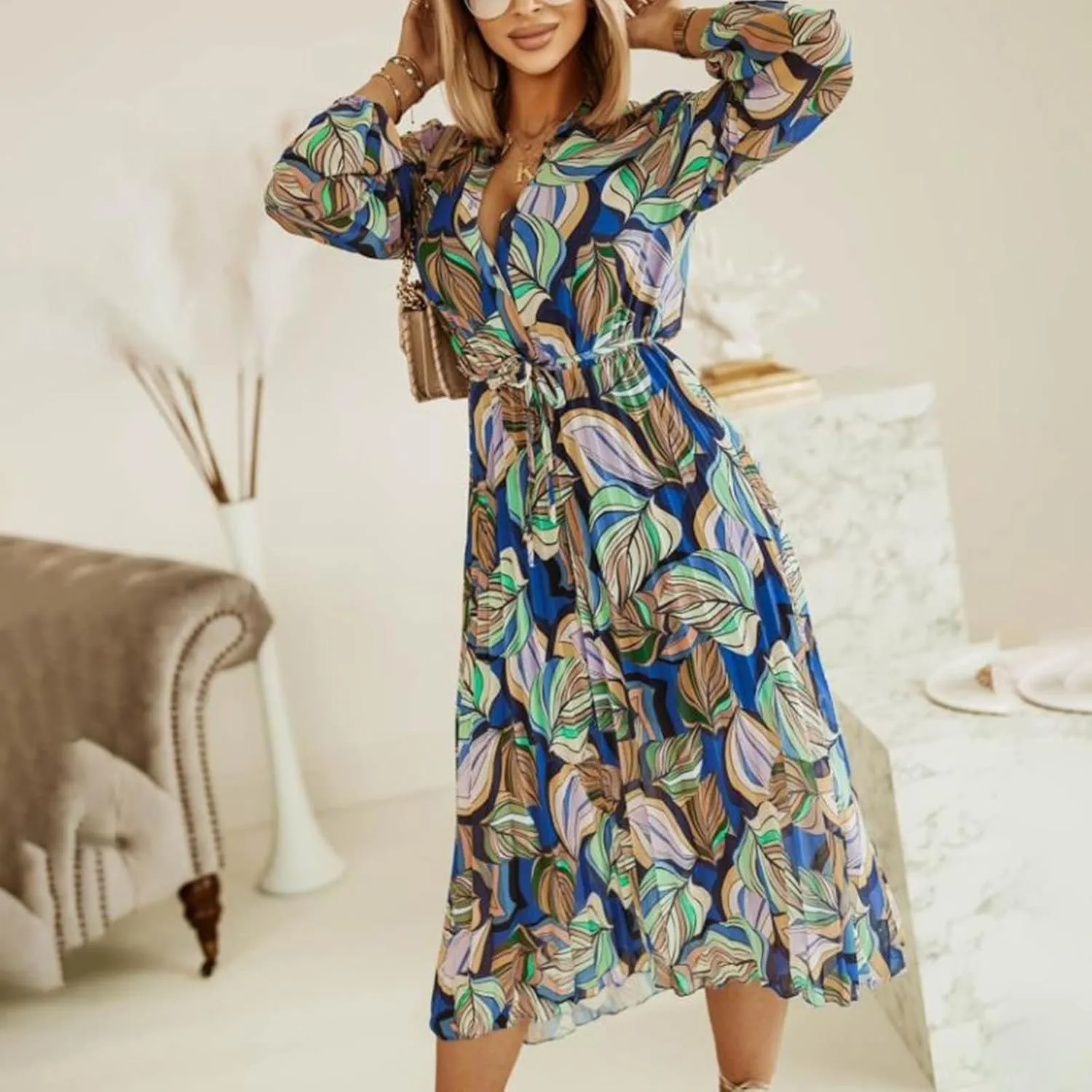 Spanish Style Dress for Women Banded Collar Pleated Midi Dress Button Up Long Sleeve with Belt