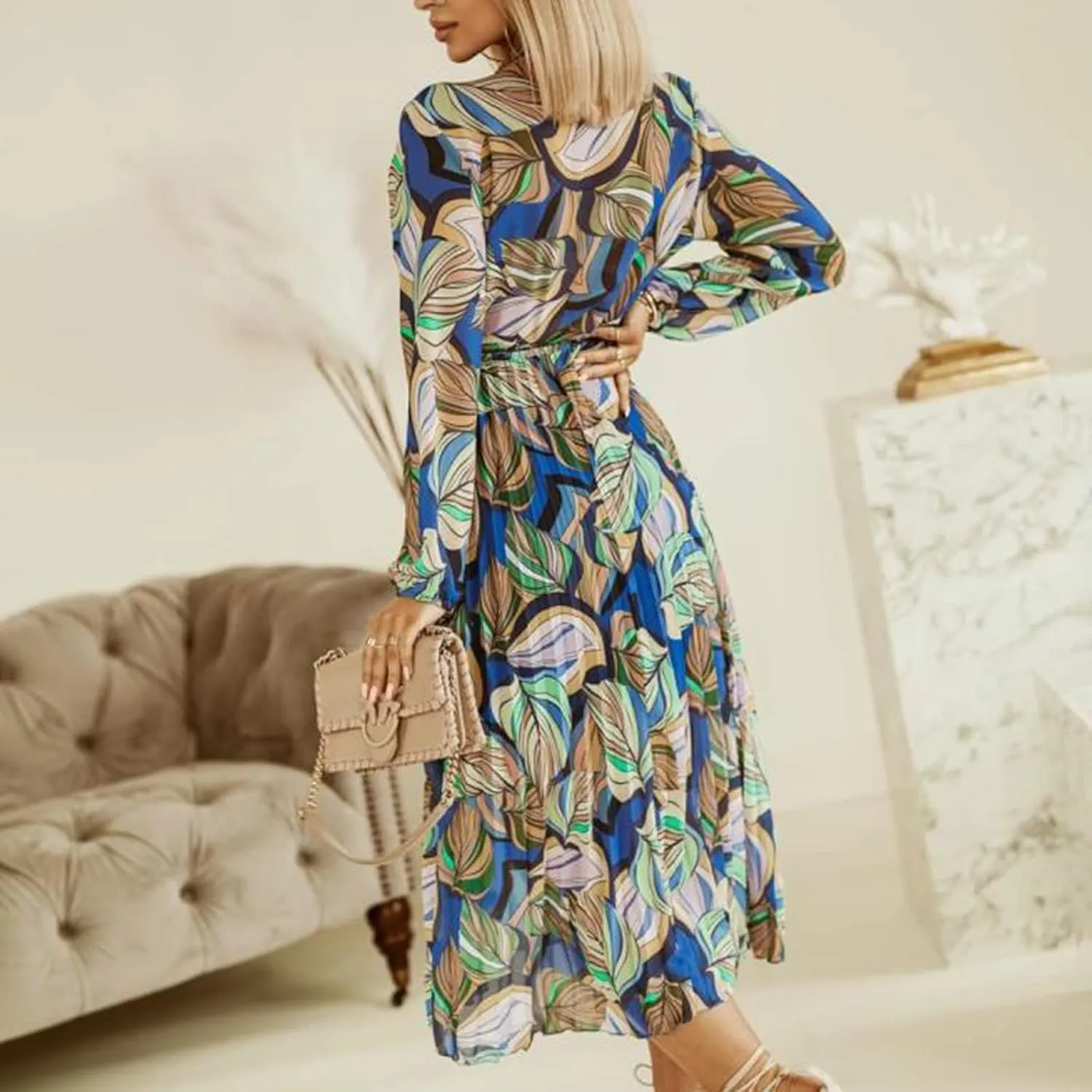 Spanish Style Dress for Women Banded Collar Pleated Midi Dress Button Up Long Sleeve with Belt