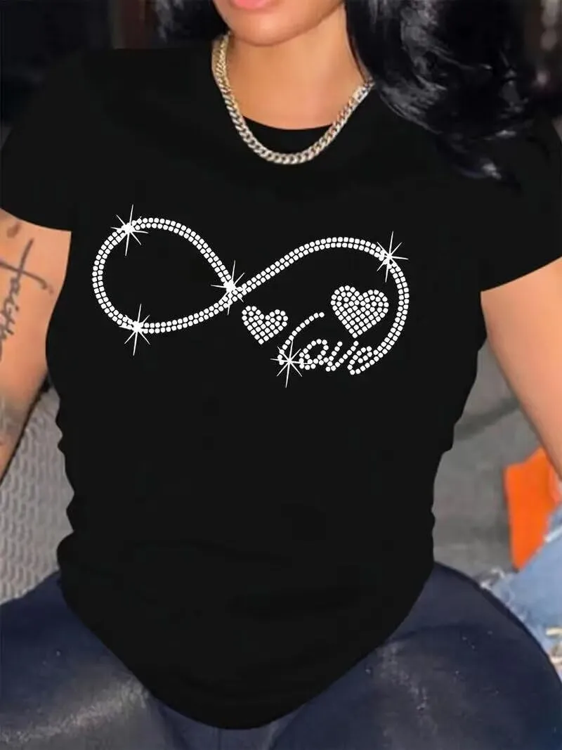 Sparkling Rhinestone T Shirt for Women Fashion Rhinestone Alphabets Graphic Short Sleeve Shirt Casual Tee Tops