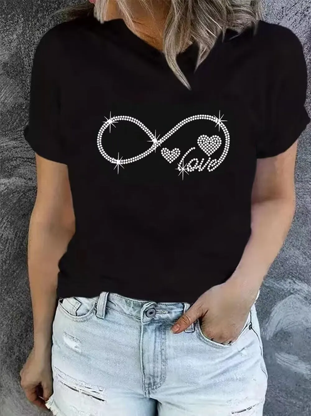 Sparkling Rhinestone T Shirt for Women Fashion Rhinestone Alphabets Graphic Short Sleeve Shirt Casual Tee Tops
