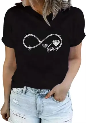 Sparkling Rhinestone T Shirt for Women Fashion Rhinestone Alphabets Graphic Short Sleeve Shirt Casual Tee Tops