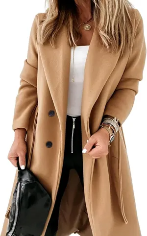 Springrain Womens Winter Wool Pea Coat Warm Notched Collar Double Breasted Belted Coat Long Jacket Outerwear