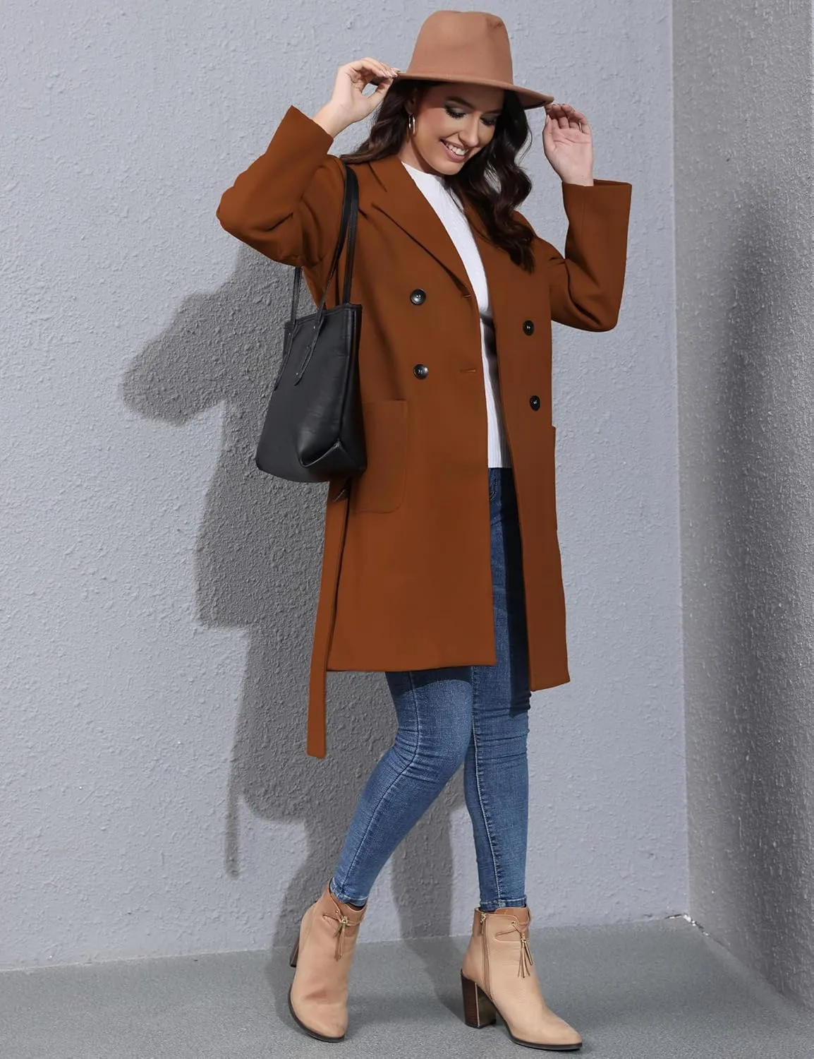 Springrain Womens Winter Wool Pea Coat Warm Notched Collar Double Breasted Belted Coat Long Jacket Outerwear