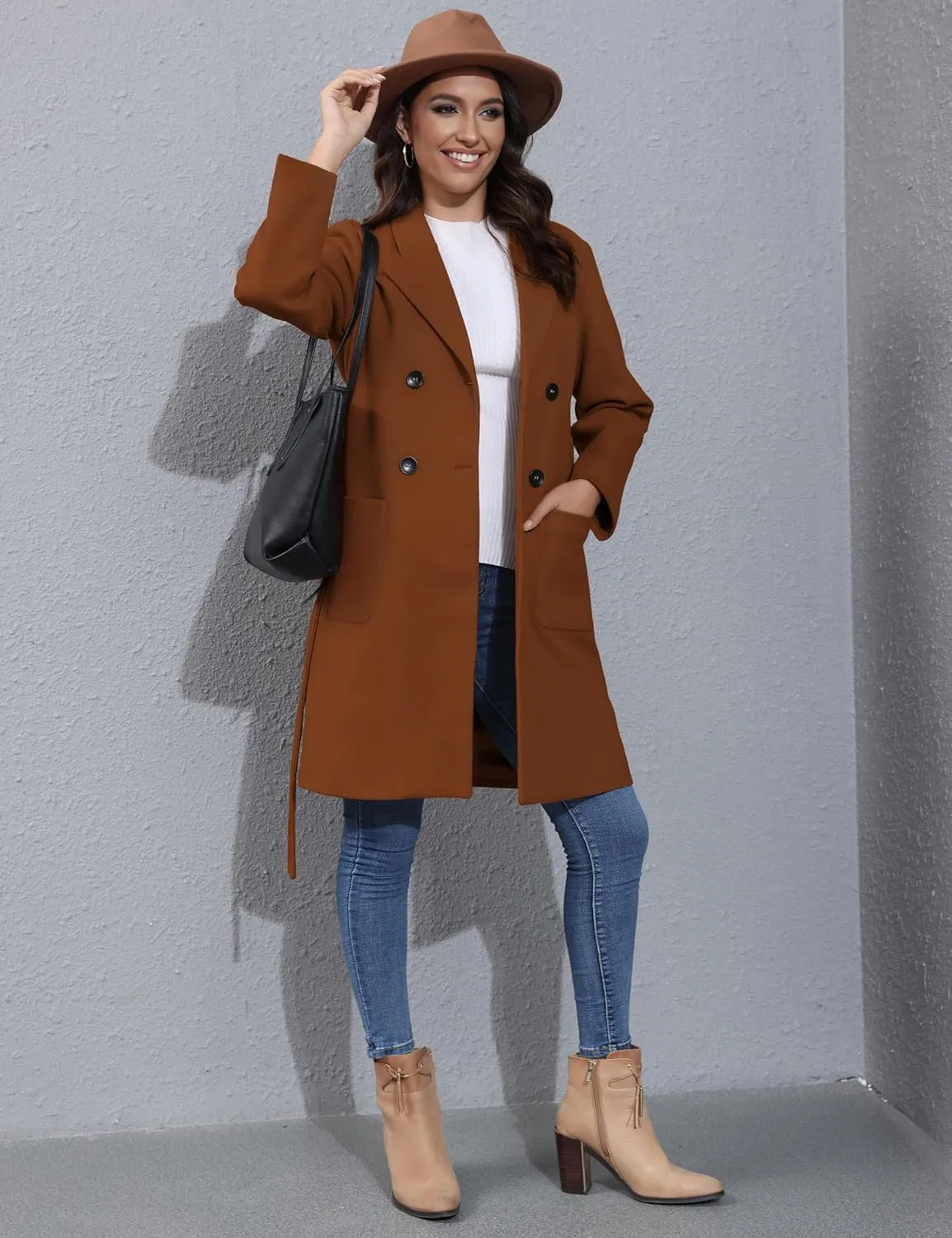 Springrain Womens Winter Wool Pea Coat Warm Notched Collar Double Breasted Belted Coat Long Jacket Outerwear
