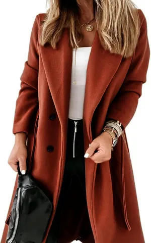 Springrain Womens Winter Wool Pea Coat Warm Notched Collar Double Breasted Belted Coat Long Jacket Outerwear