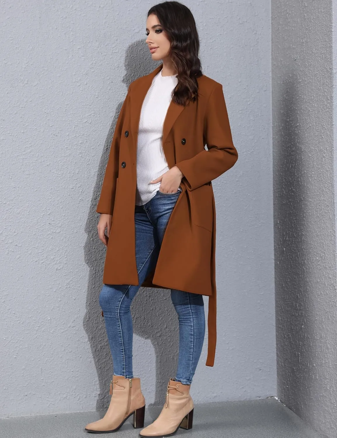 Springrain Womens Winter Wool Pea Coat Warm Notched Collar Double Breasted Belted Coat Long Jacket Outerwear