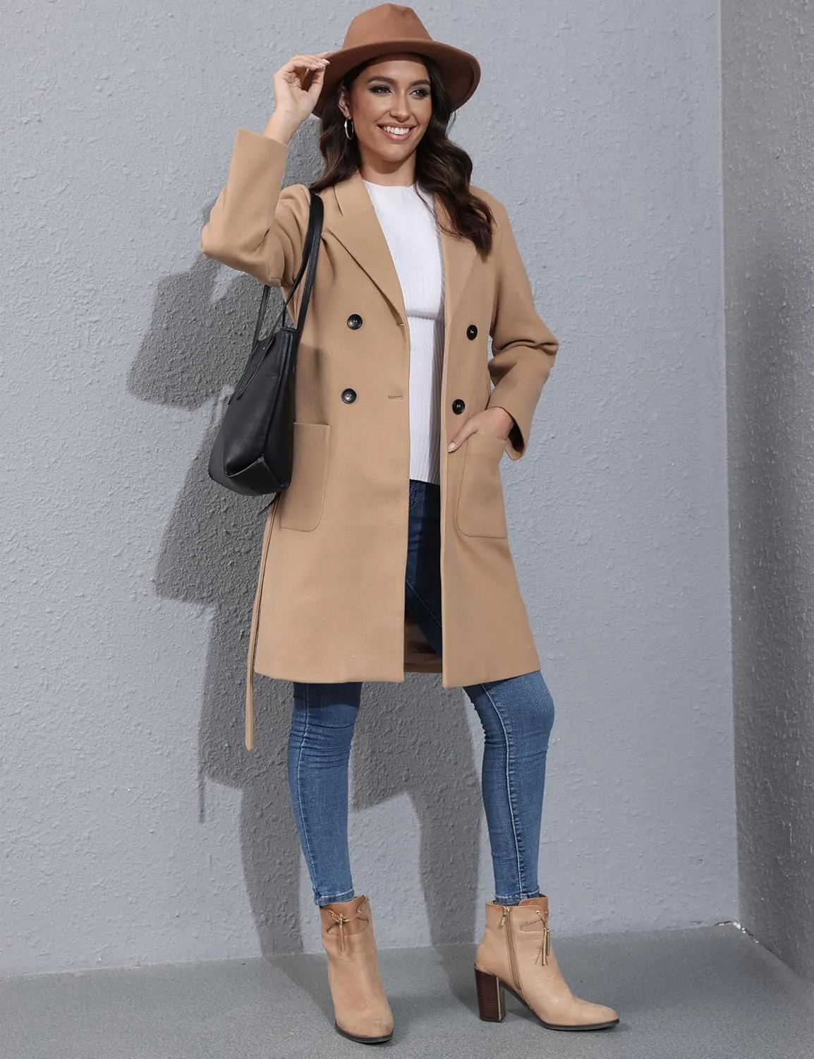 Springrain Womens Winter Wool Pea Coat Warm Notched Collar Double Breasted Belted Coat Long Jacket Outerwear