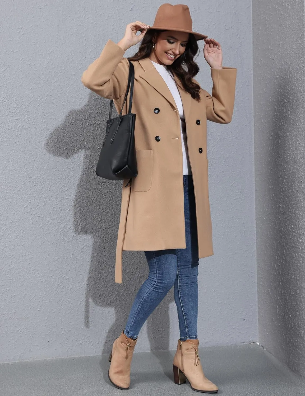 Springrain Womens Winter Wool Pea Coat Warm Notched Collar Double Breasted Belted Coat Long Jacket Outerwear