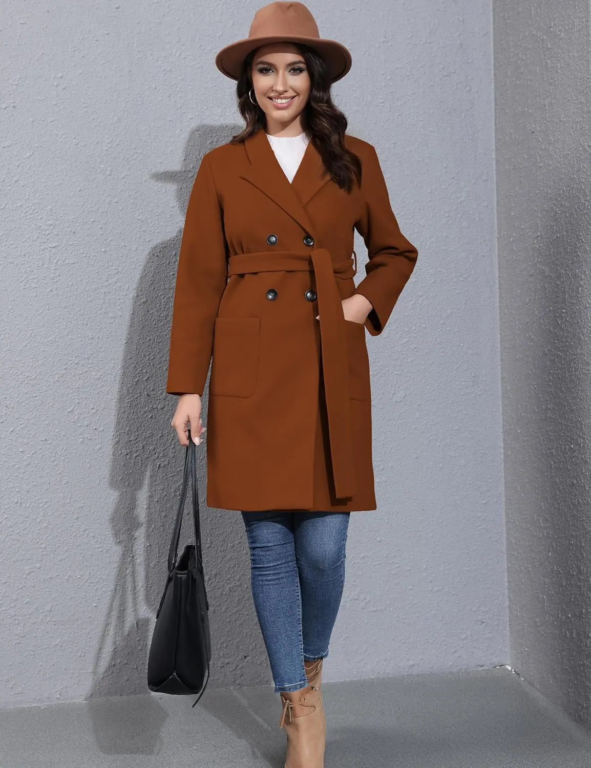 Springrain Womens Winter Wool Pea Coat Warm Notched Collar Double Breasted Belted Coat Long Jacket Outerwear