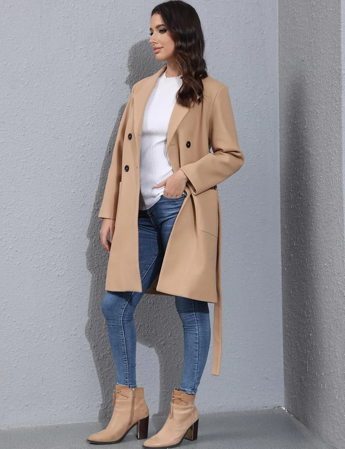 Springrain Womens Winter Wool Pea Coat Warm Notched Collar Double Breasted Belted Coat Long Jacket Outerwear