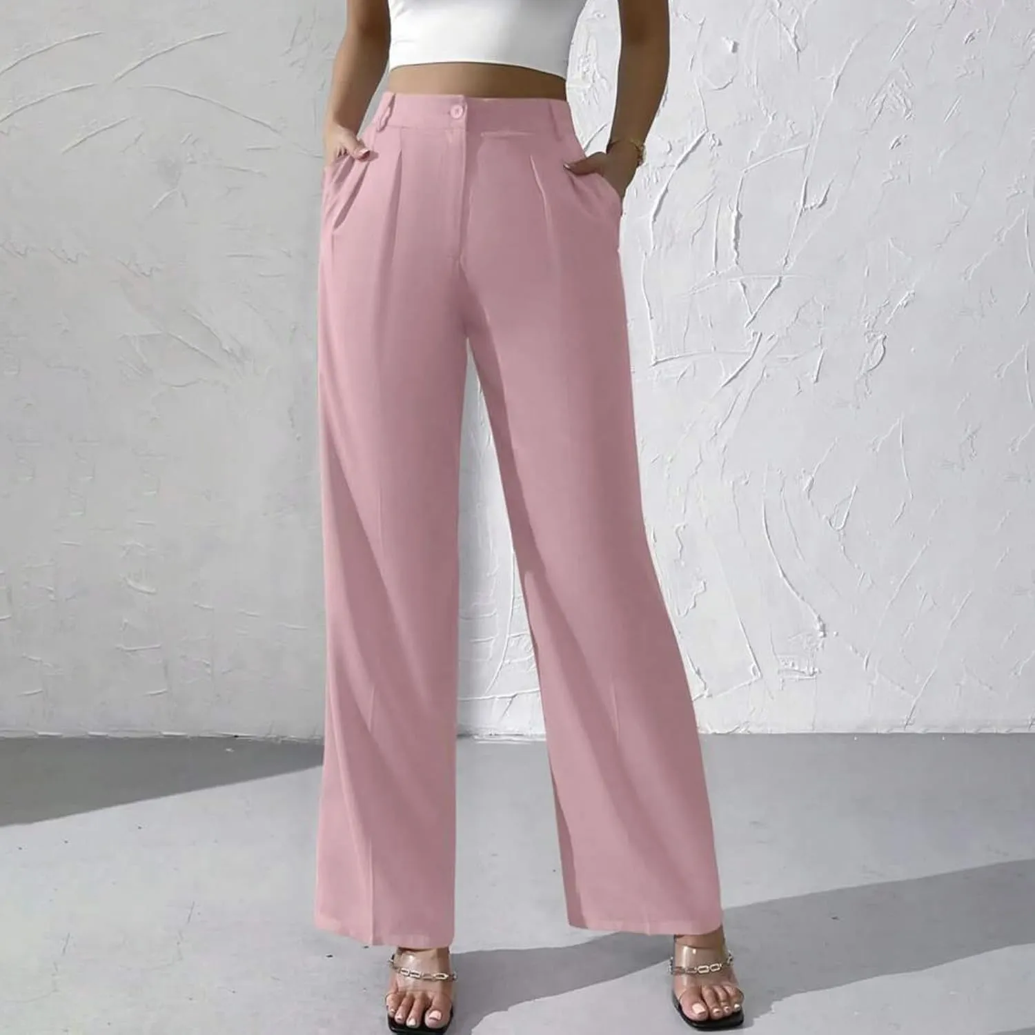 Straight Leg Dress Pants for Women Solid Color Pleated Palazzo Pants Stylish Casual High Waist Button Work Trousers