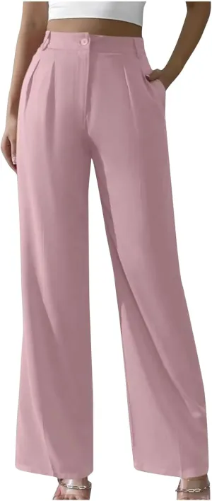Straight Leg Dress Pants for Women Solid Color Pleated Palazzo Pants Stylish Casual High Waist Button Work Trousers
