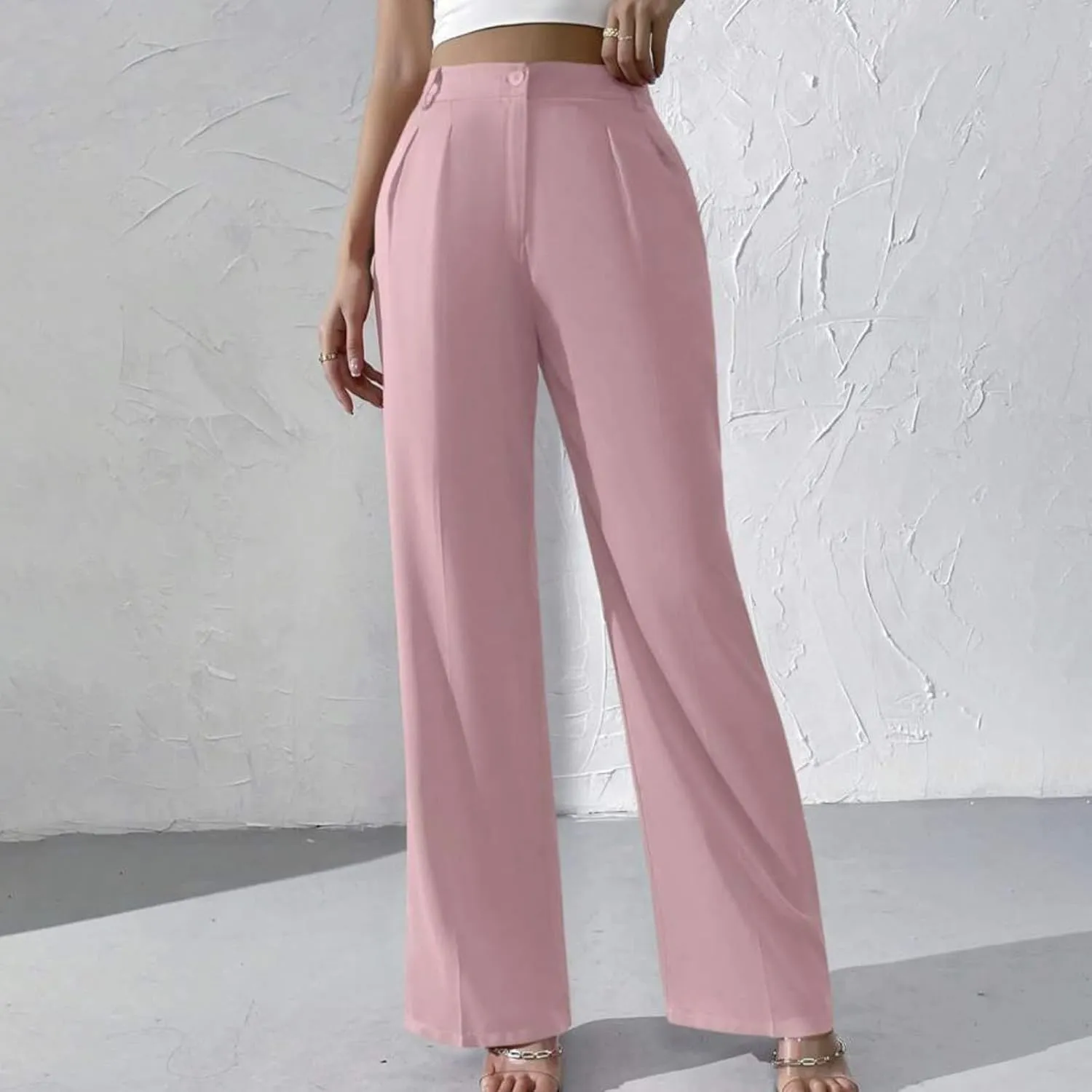 Straight Leg Dress Pants for Women Solid Color Pleated Palazzo Pants Stylish Casual High Waist Button Work Trousers