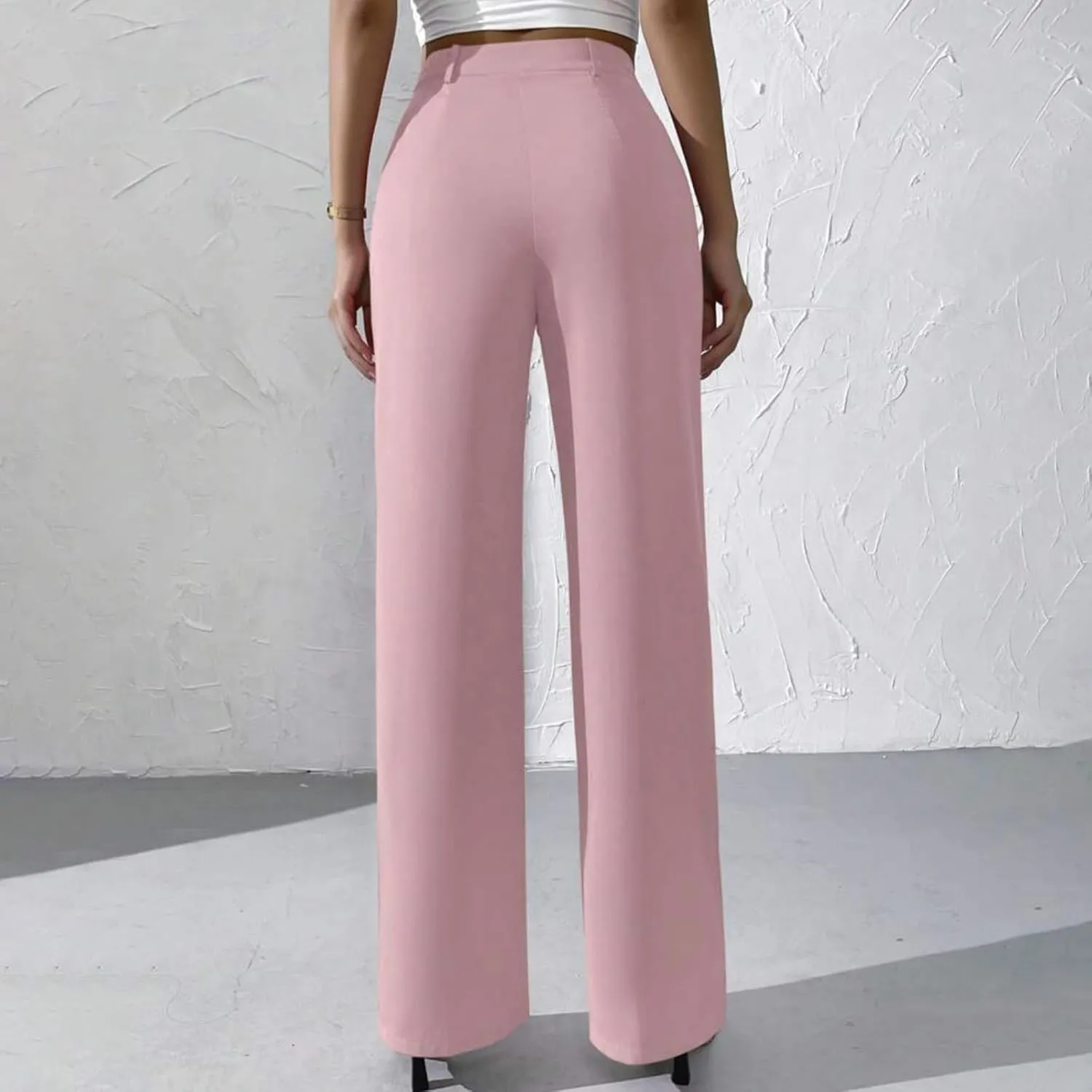 Straight Leg Dress Pants for Women Solid Color Pleated Palazzo Pants Stylish Casual High Waist Button Work Trousers
