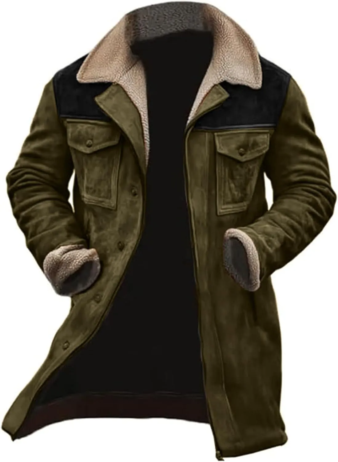Suede Leather Jacket Men Winter Fur Shearling Duster Coat Retro Faux Leather Fleece Motorcycle Trucker Western Jacket