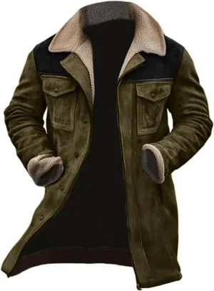Suede Leather Jacket Men Winter Fur Shearling Duster Coat Retro Faux Leather Fleece Motorcycle Trucker Western Jacket