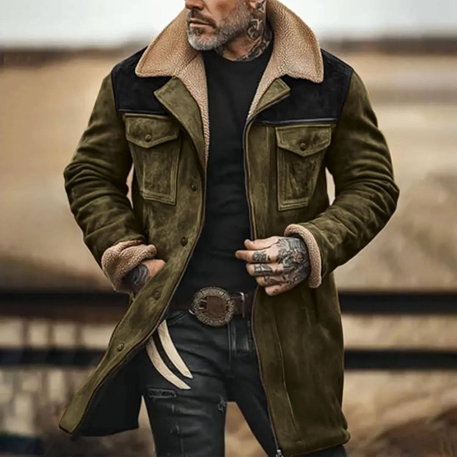 Suede Leather Jacket Men Winter Fur Shearling Duster Coat Retro Faux Leather Fleece Motorcycle Trucker Western Jacket