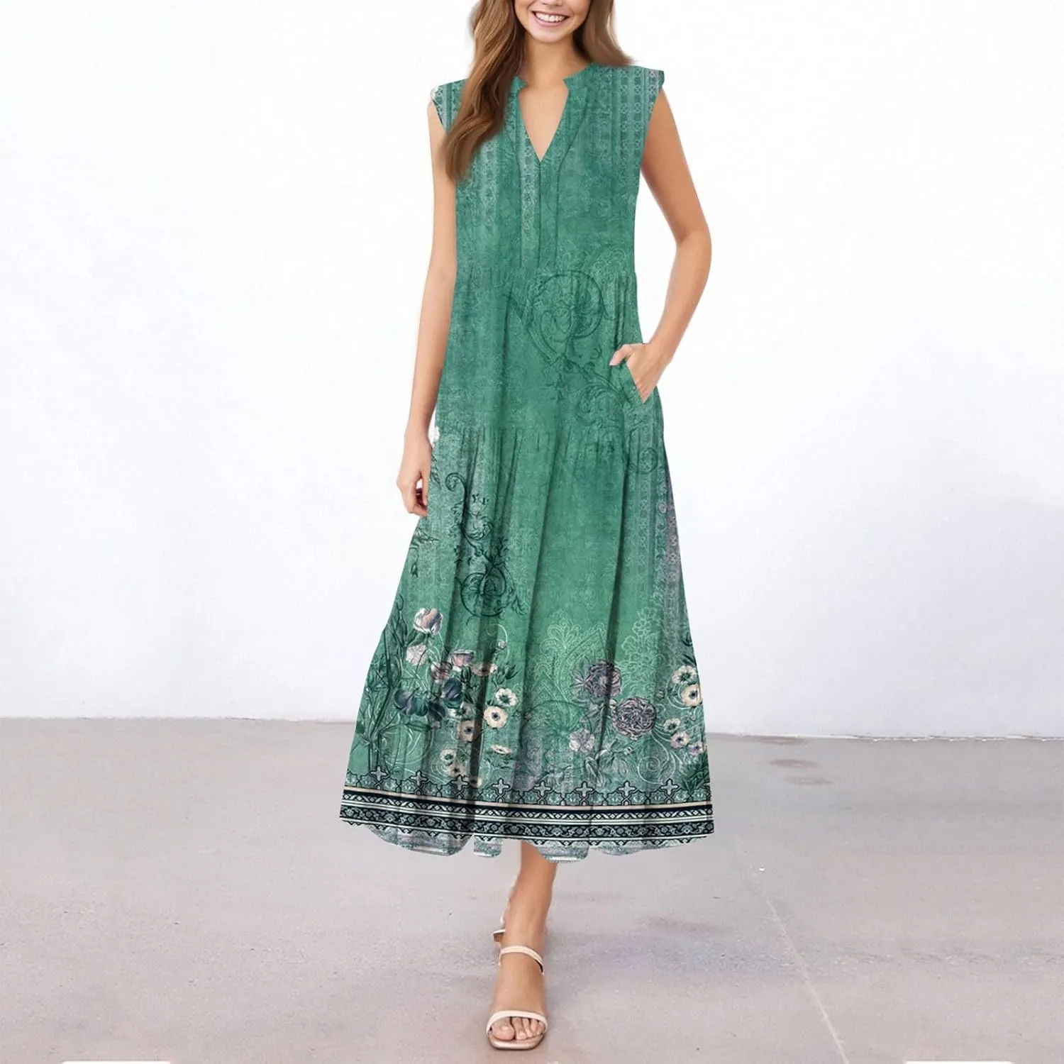 Summer Dresses for Women Sleeveless V Neck Sundresses High Wasited Print Soft Loose Casual Flowy Dress with Pocket