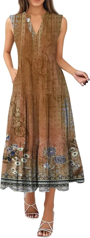 Summer Dresses for Women Sleeveless V Neck Sundresses High Wasited Print Soft Loose Casual Flowy Dress with Pocket