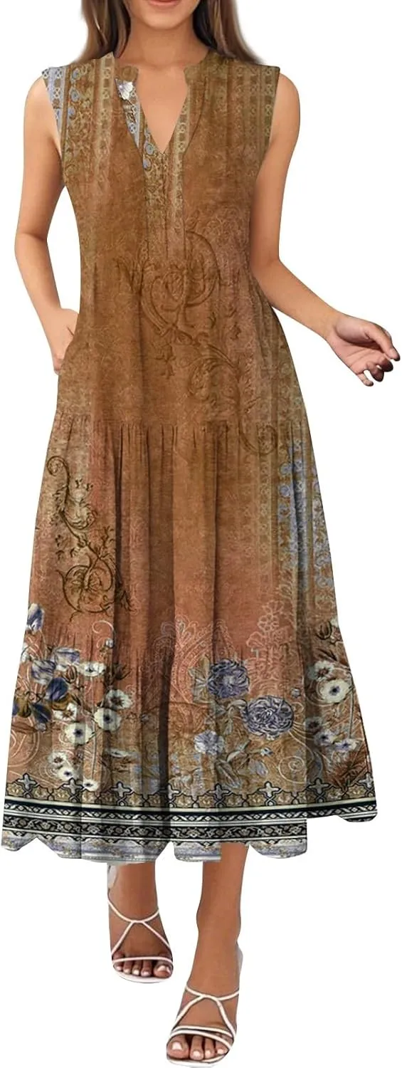 Summer Dresses for Women Sleeveless V Neck Sundresses High Wasited Print Soft Loose Casual Flowy Dress with Pocket