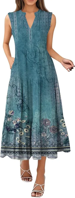 Summer Dresses for Women Sleeveless V Neck Sundresses High Wasited Print Soft Loose Casual Flowy Dress with Pocket