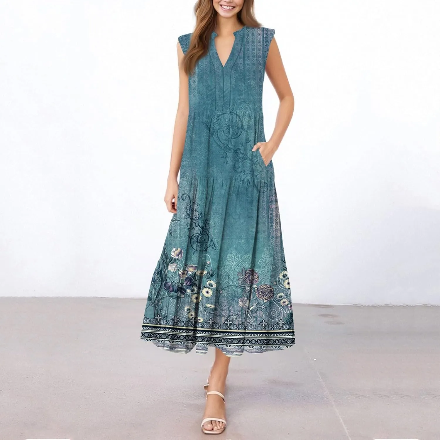 Summer Dresses for Women Sleeveless V Neck Sundresses High Wasited Print Soft Loose Casual Flowy Dress with Pocket