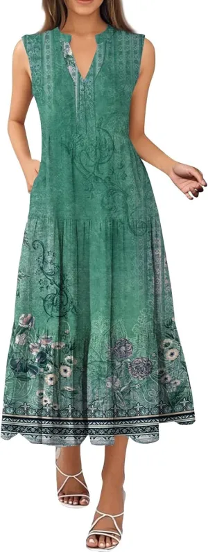 Summer Dresses for Women Sleeveless V Neck Sundresses High Wasited Print Soft Loose Casual Flowy Dress with Pocket