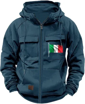 Tactical Sweatshirts Men Hoodies Full Zip Flag Graphic Workout Cargo Pullover Sport Outdoor Winter Jacket with Pockets