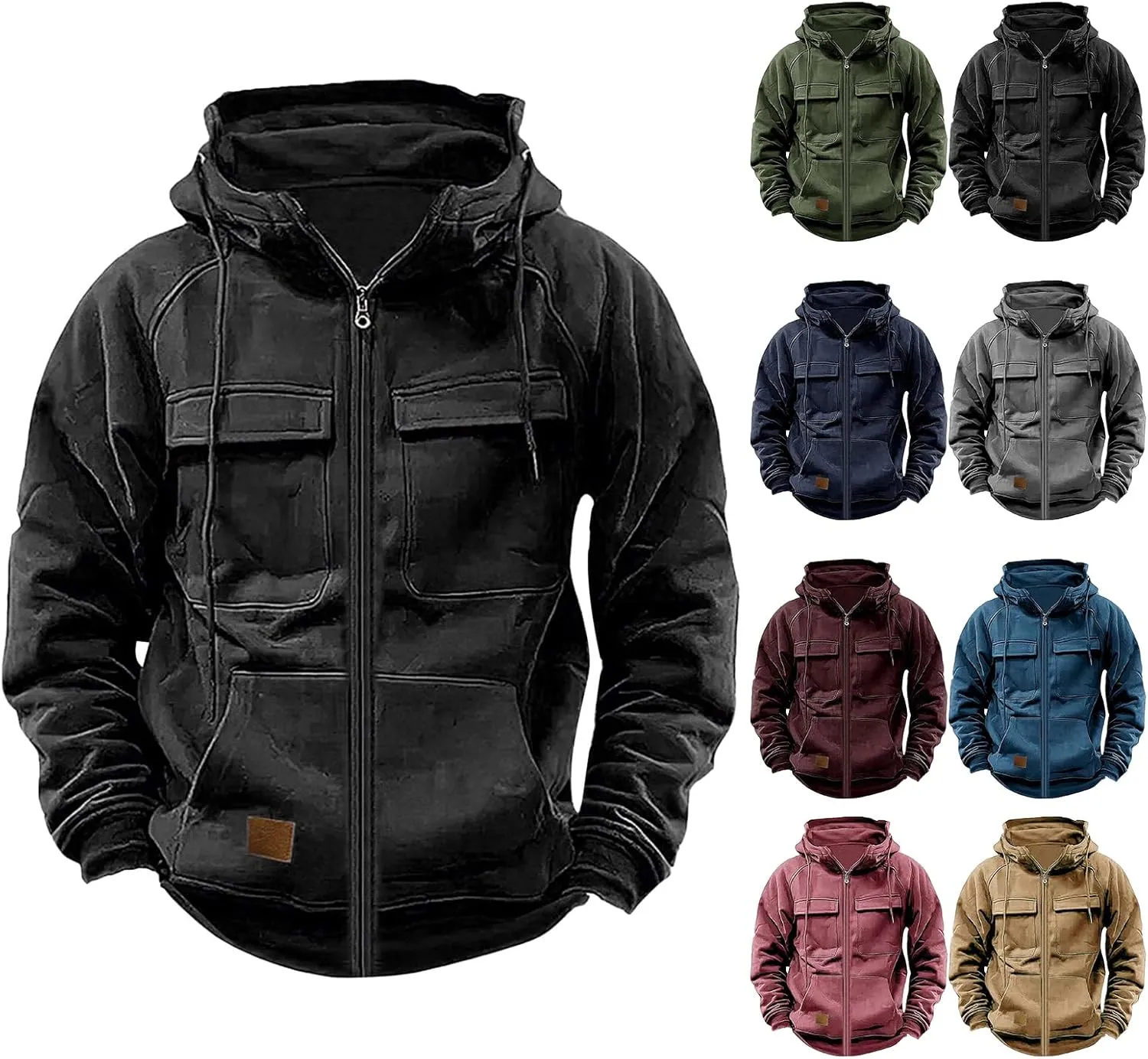 Tactical Sweatshirts Men Hoodies Full Zip Long Sleeve Workout Cargo Pullover Sport Outdoor Winter Jacket with Pocket
