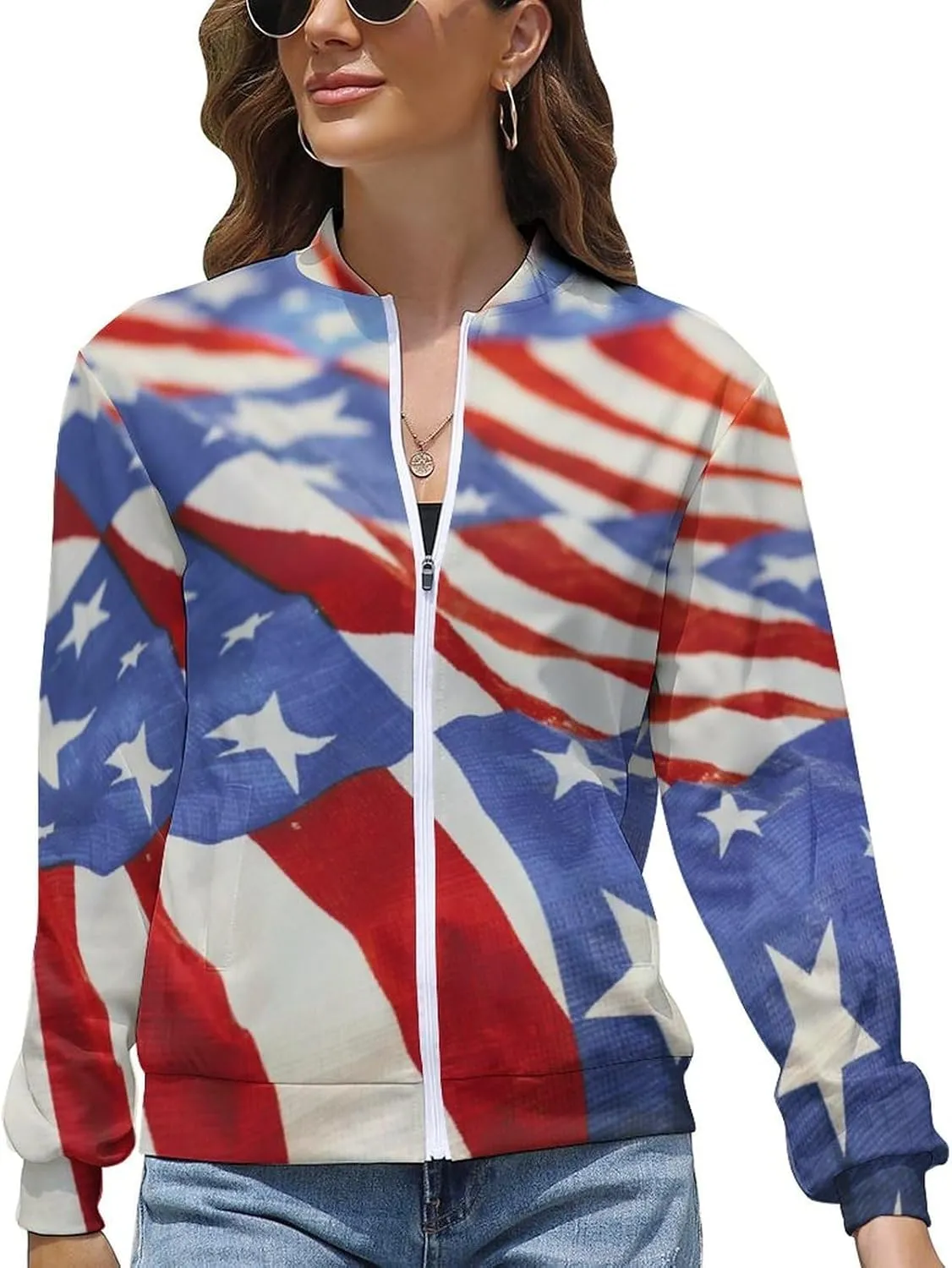 TAIZIYEAH Jacket for Women American Flag Hoodie Zip Up Tops Pullover Long Sleeve Sweatshirts Coat Soft Loose Oversized