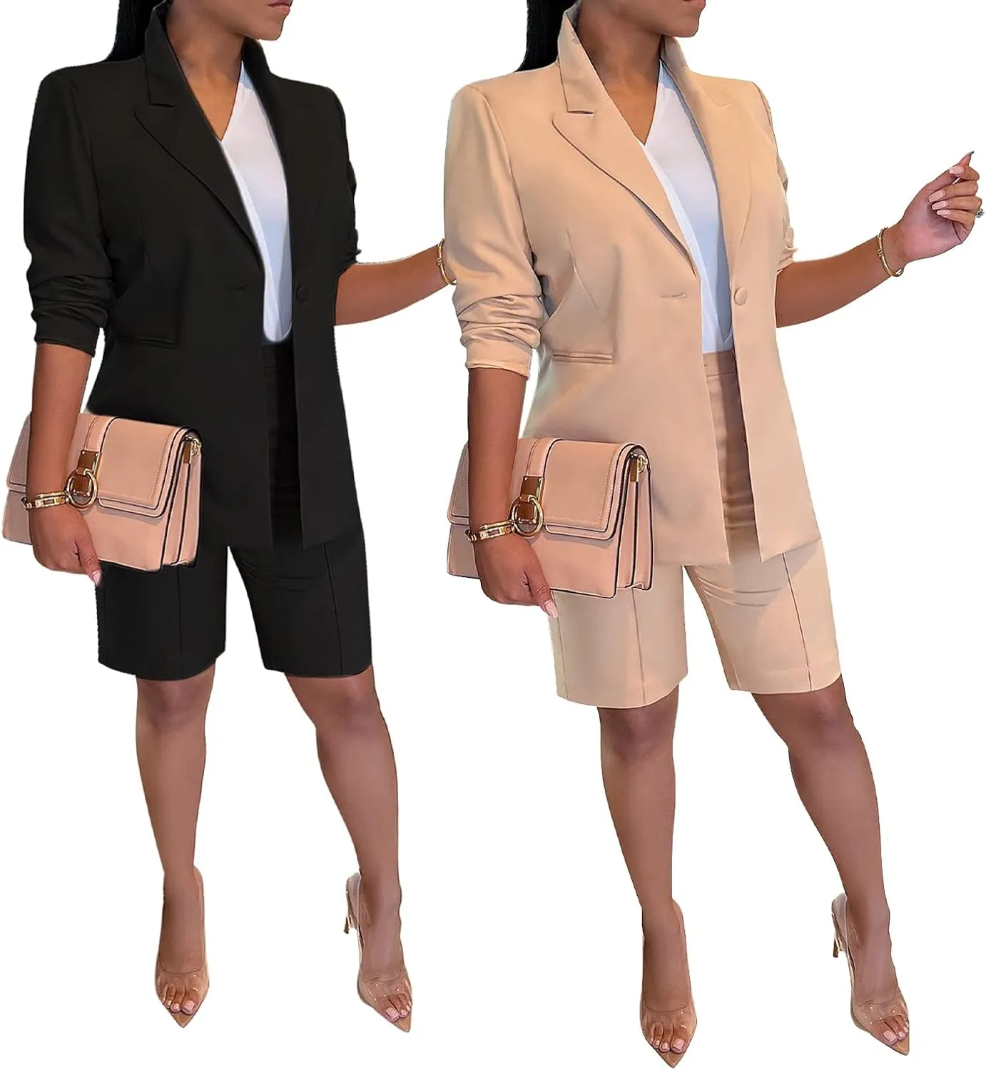 Tcremisa Women's 2025 Fashion Blazer Shorts Set Long Sleeve Office Suit Sets Casual 2 Piece Business Outfits