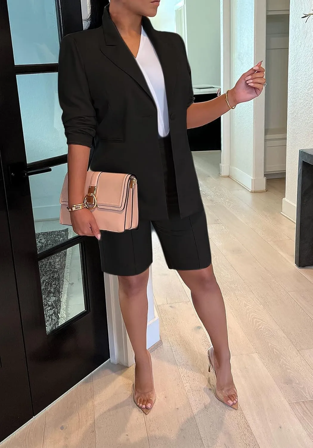 Tcremisa Women's 2025 Fashion Blazer Shorts Set Long Sleeve Office Suit Sets Casual 2 Piece Business Outfits