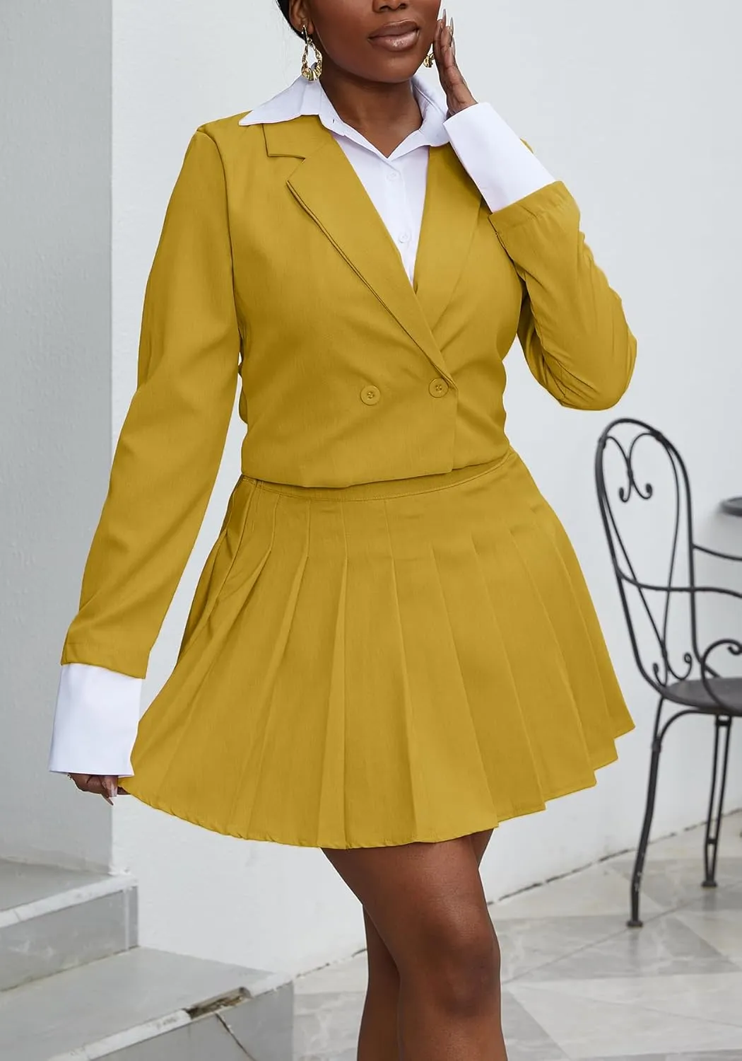 Tcremisa Womens Casual 2 Piece Business Outfits Office Cropped Blazer Jacket and Pleated Mini Skirt Suits Set