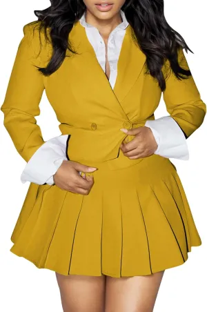 Tcremisa Womens Casual 2 Piece Business Outfits Office Cropped Blazer Jacket and Pleated Mini Skirt Suits Set