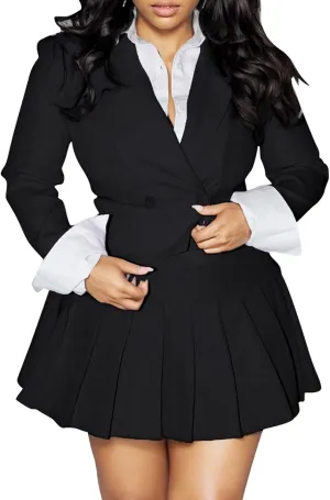 Tcremisa Womens Casual 2 Piece Business Outfits Office Cropped Blazer Jacket and Pleated Mini Skirt Suits Set