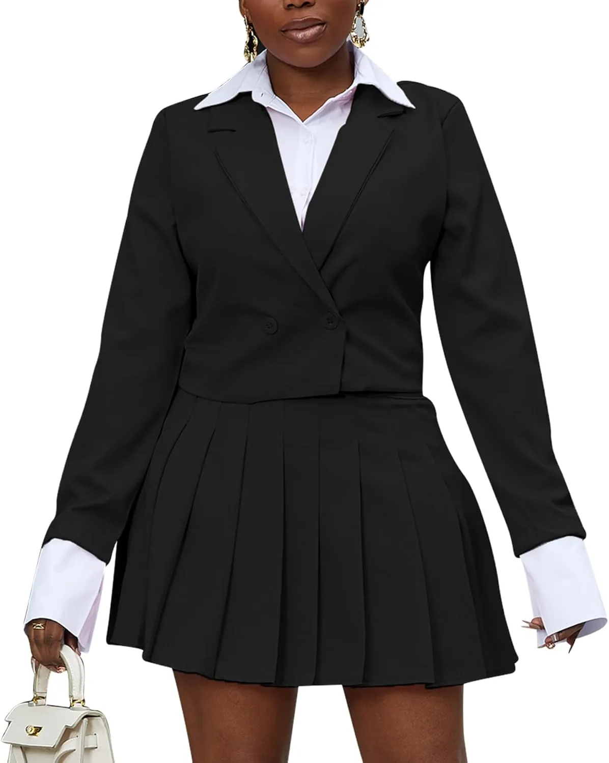 Tcremisa Womens Casual 2 Piece Business Outfits Office Cropped Blazer Jacket and Pleated Mini Skirt Suits Set