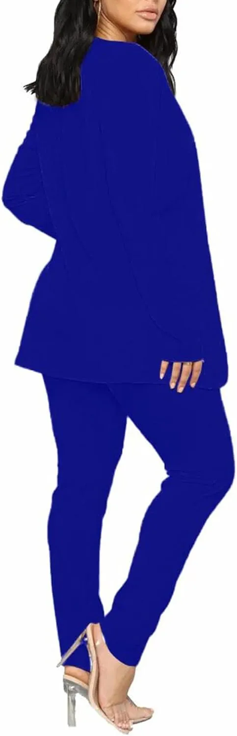 Tcremisa Women's Casual Pants Suit 2 Piece Business Outfits Solid Long Sleeve Blazer and Pencil Pant Sets