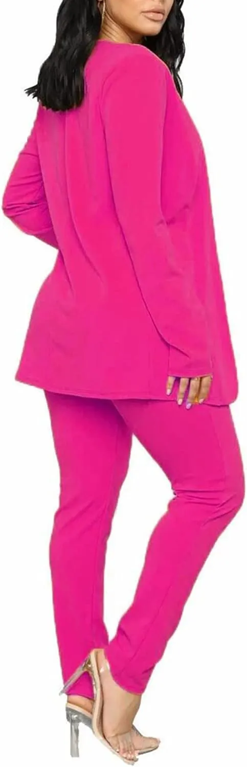 Tcremisa Women's Casual Pants Suit 2 Piece Business Outfits Solid Long Sleeve Blazer and Pencil Pant Sets