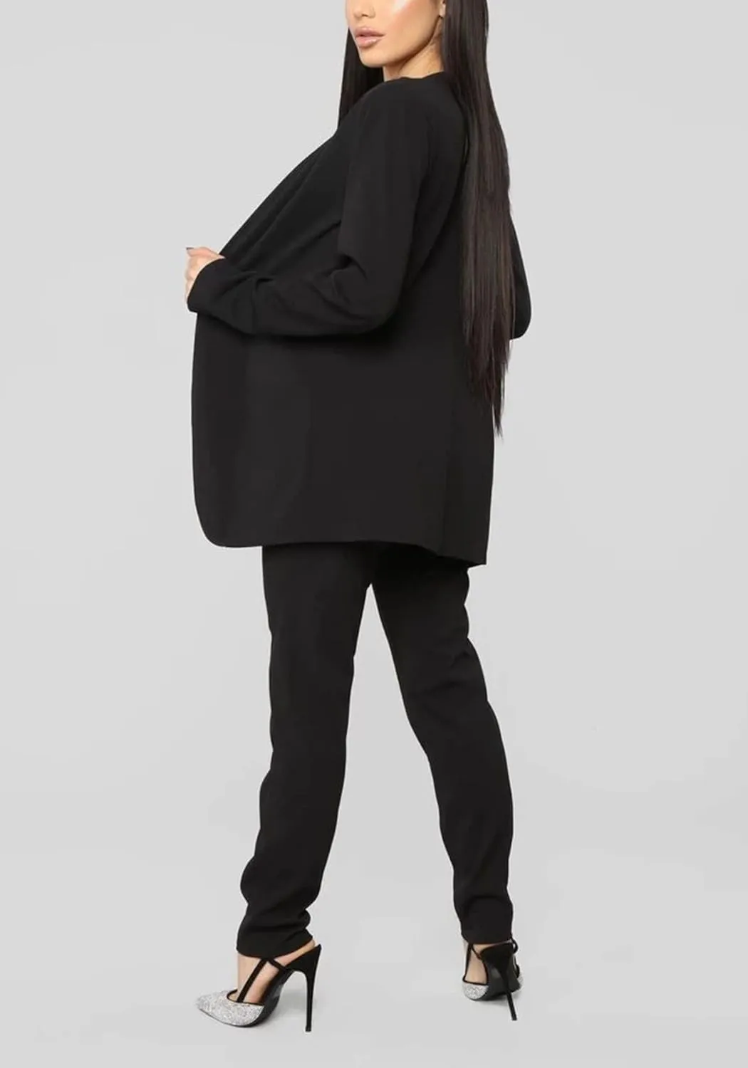 Tcremisa Women's Casual Pants Suit 2 Piece Business Outfits Solid Long Sleeve Blazer and Pencil Pant Sets