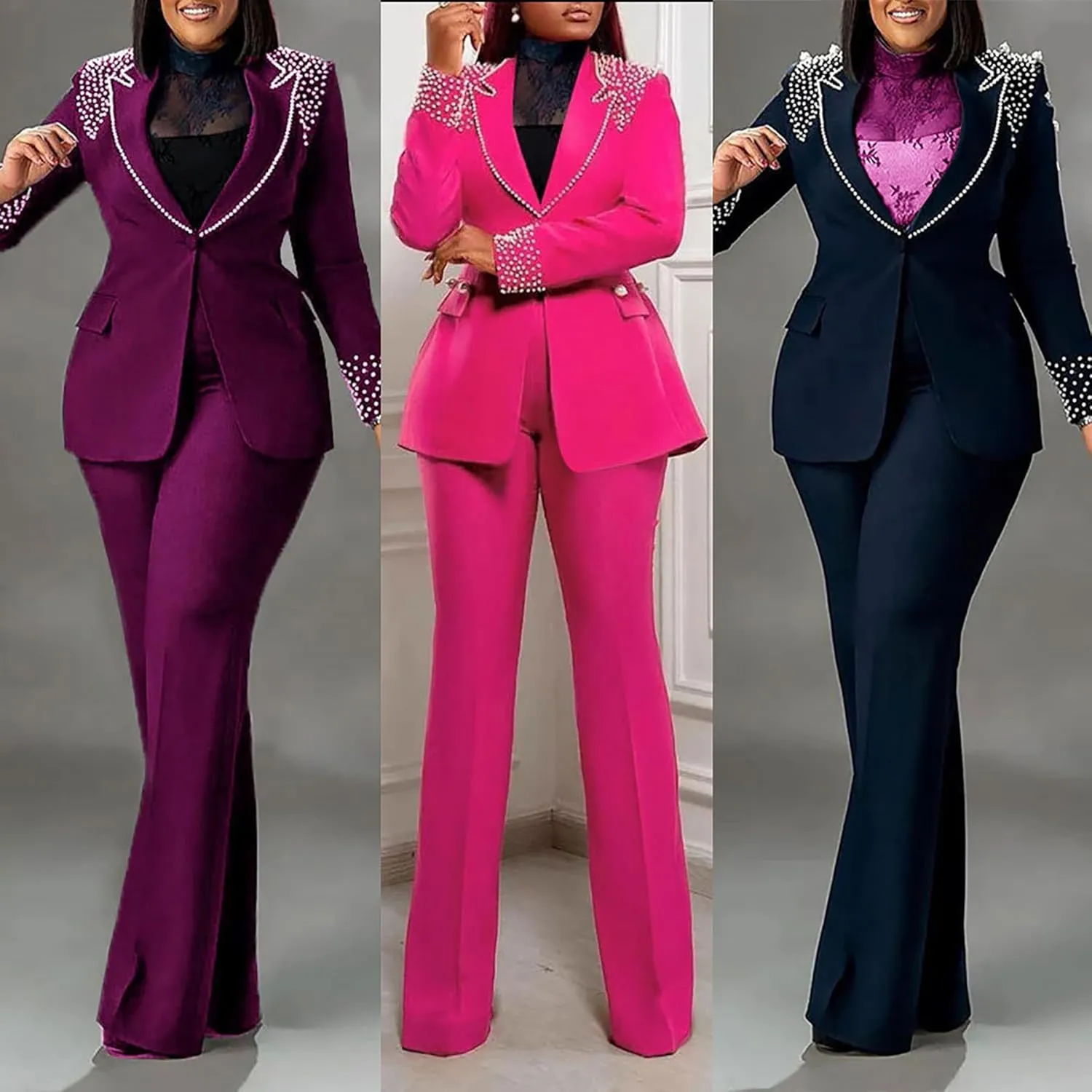 Tcremisa Womens Fashion Pants Suit 2 Piece Business Outfits Pearls Long Sleeve Blazer and Slim Fit Pants Sets
