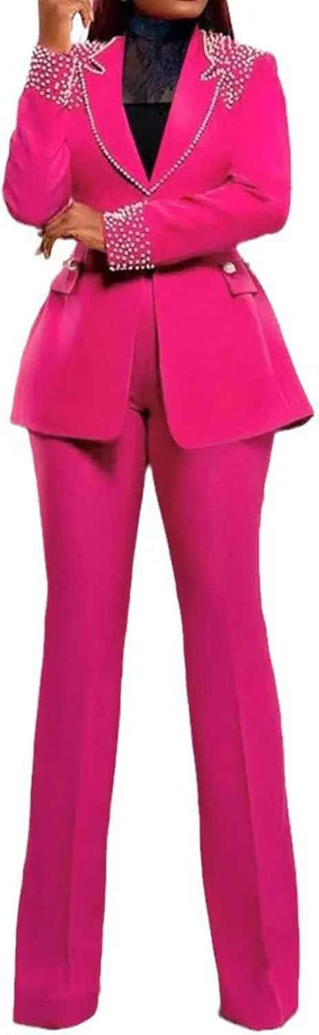 Tcremisa Womens Fashion Pants Suit 2 Piece Business Outfits Pearls Long Sleeve Blazer and Slim Fit Pants Sets