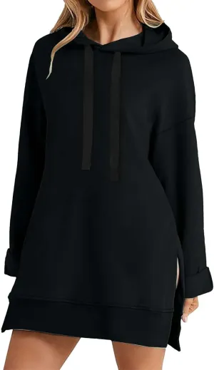 The Warmy Oversized Hoodie Dress for Women Split Hem Pullover Tops Long Sweatshirt with Pocket Casual Dressy Tunics