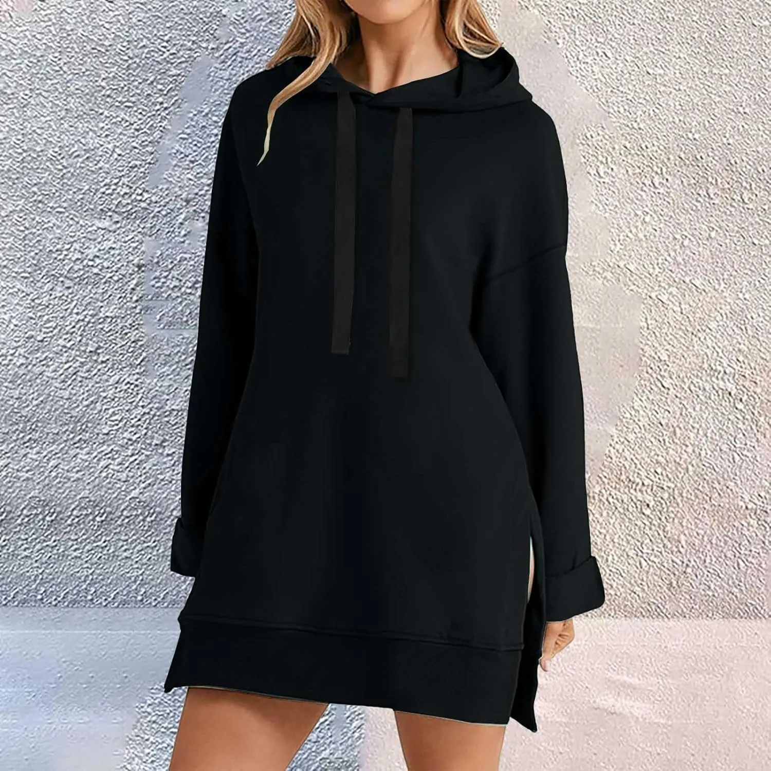 The Warmy Oversized Hoodie Dress for Women Split Hem Pullover Tops Long Sweatshirt with Pocket Casual Dressy Tunics