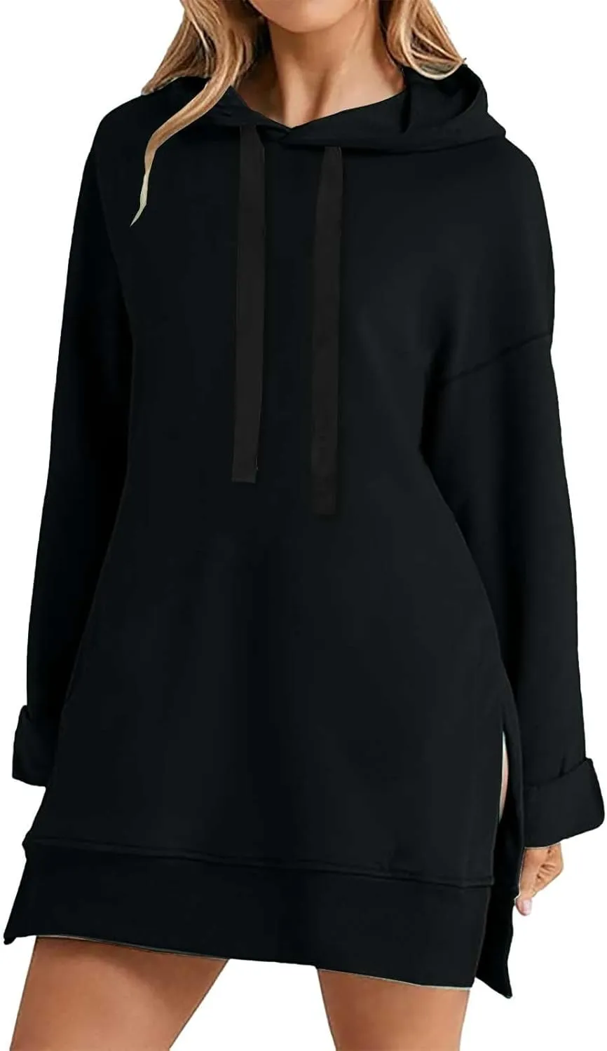 The Warmy Oversized Hoodie Dress for Women Split Hem Pullover Tops Long Sweatshirt with Pocket Casual Dressy Tunics