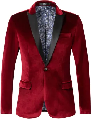 THWEI Mens Velvet Blazer Slim Fit Suit Jacket One Button Tuxedo Blazer Wedding Prom Dinner