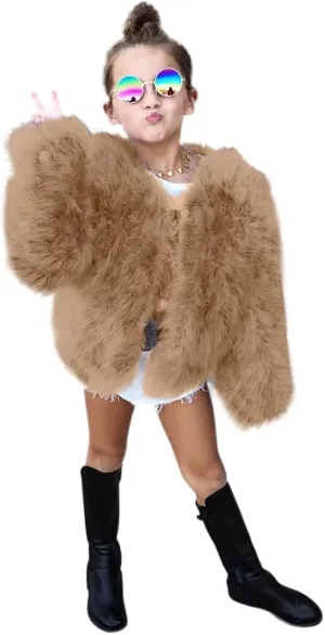 Toddler Girls Faux Fur Jacket Furry Coat Open Front Fur Cardigan Kids Girls Winter Coat Thicken Trendy Shaggy Jacket