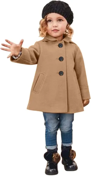 Toddler Girls Trench Coat Baby Girl Woolen Coat Girl Button Dress Coat Peacoat Winter Fall Outerwear